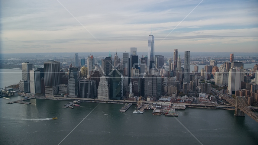 Downtown skyscrapers in Autumn, Lower Manhattan, New York City Aerial Stock Photos AX120_135.0000225F