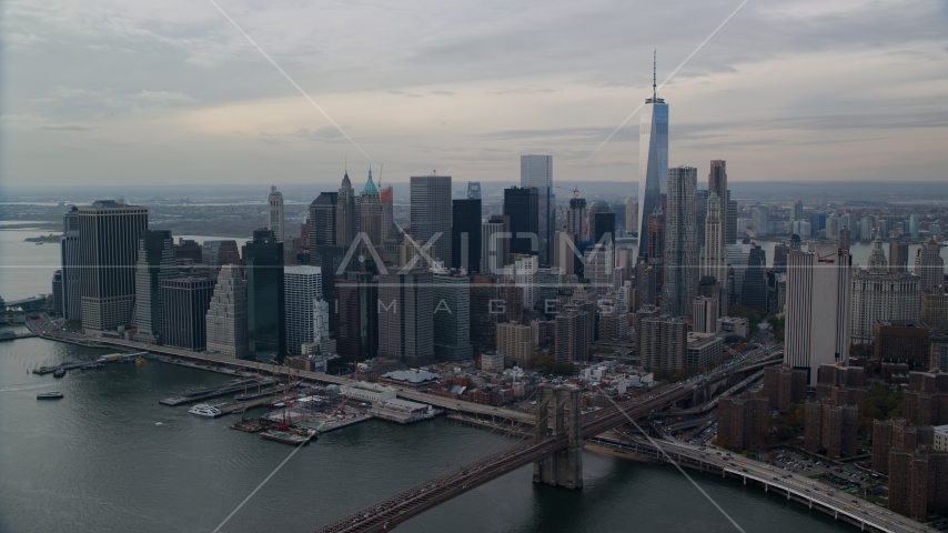 Part of the Brooklyn Bridge and Lower Manhattan skyscrapers, New York City Aerial Stock Photos AX120_145.0000170F