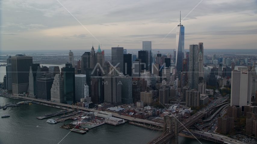 Lower Manhattan skyscrapers on the east side of downtown, New York City Aerial Stock Photos AX120_146.0000059F