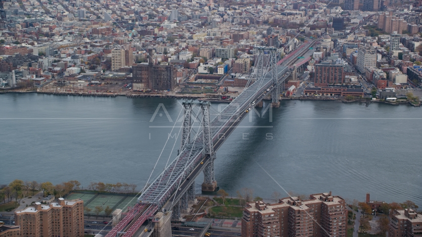 The Williamsburg Bridge in Autumn, New York City Aerial Stock Photos AX120_152.0000321F