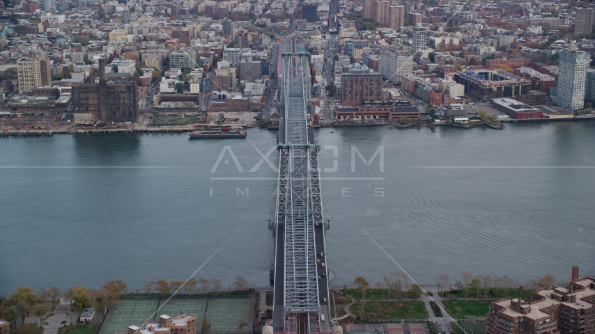 Orbit the Williamsburg Bridge in Autumn, New York City Aerial Stock Photos AX120_153.0000145F