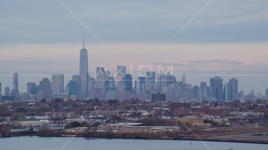 The Lower Manhattan skyline at sunset in Autumn, New York City Aerial Stock Photos AX121_003.0000059F
