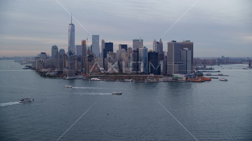 Skyline of Lower Manhattan at sunset, New York City Aerial Stock Photos AX121_018.0000073F