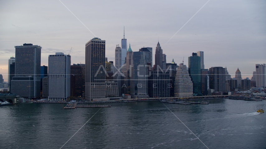 Lower Manhattan riverfront skyline at sunset, New York City Aerial Stock Photos AX121_021.0000157F