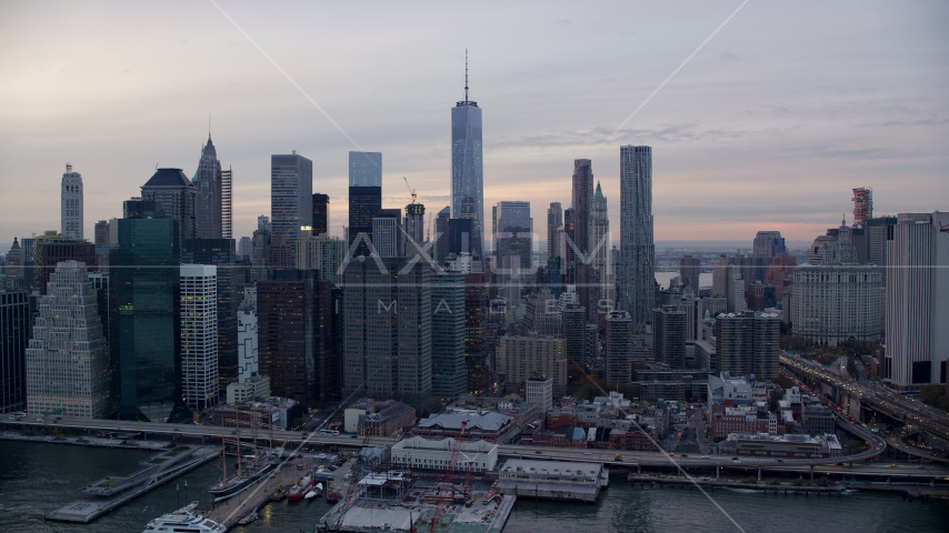 Skyscrapers in Lower Manhattan at sunset, New York City Aerial Stock Photos AX121_024.0000131F