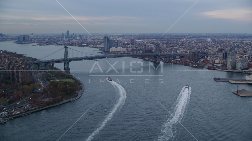 The Williamsburg Bridge and East River at sunset in New York City Aerial Stock Photos AX121_026.0000133F