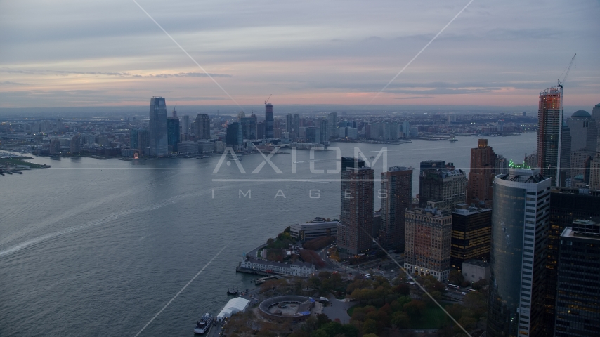 Downtown Jersey City at sunset seen from Lower Manhattan, New York City Aerial Stock Photos AX121_035.0000051F