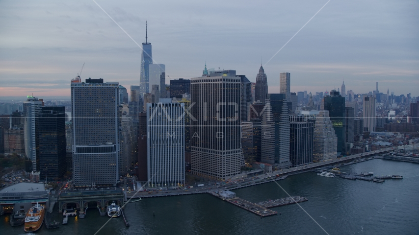 Riverfront skyscrapers beside the Hudson River at sunset, Lower Manhattan, New York City Aerial Stock Photos AX121_036.0000087F