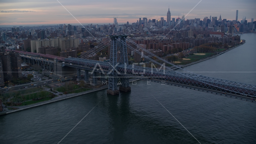 The Williamsburg Bridge at sunset in New York City Aerial Stock Photos AX121_045.0000046F