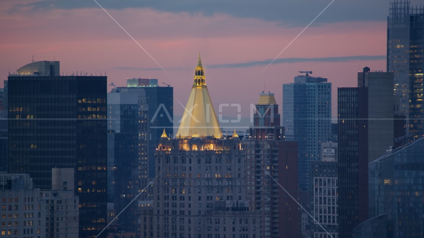 Gold roof of the New York Life Building in Midtown at sunset in New York City Aerial Stock Photos AX121_076.0000074F