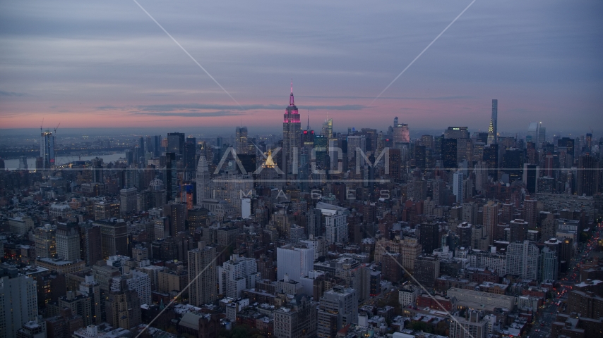 Empire State Building and Midtown skyscrapers at sunset in New York City Aerial Stock Photos AX121_078.0000126F