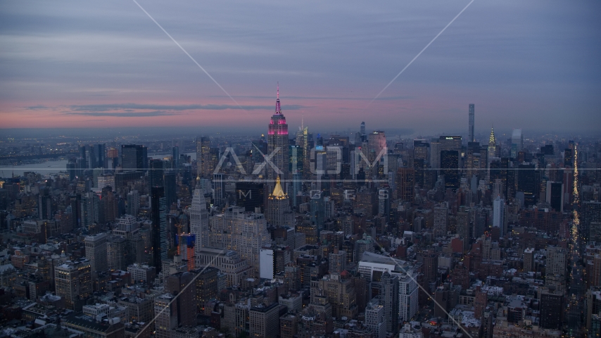 Midtown high-rises and the Empire State Building at sunset in New York City Aerial Stock Photos AX121_079.0000199F