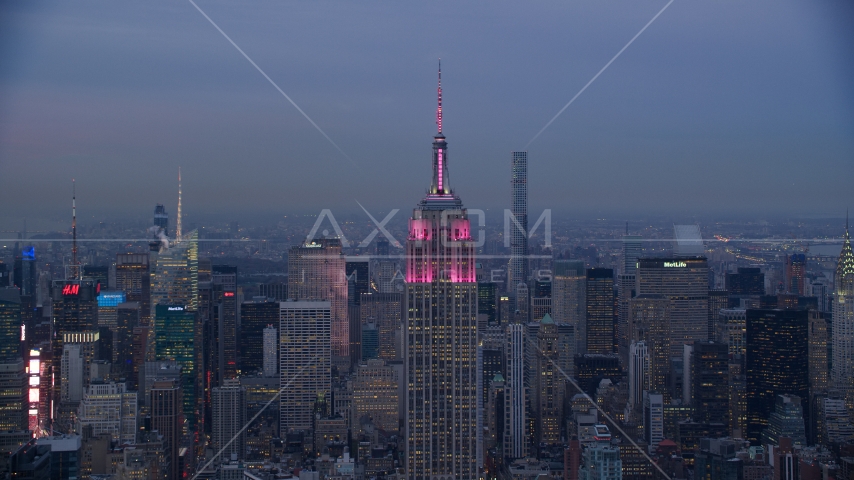 Top of Empire State Building at sunset in Midtown Manhattan, New York City Aerial Stock Photos AX121_083.0000005F