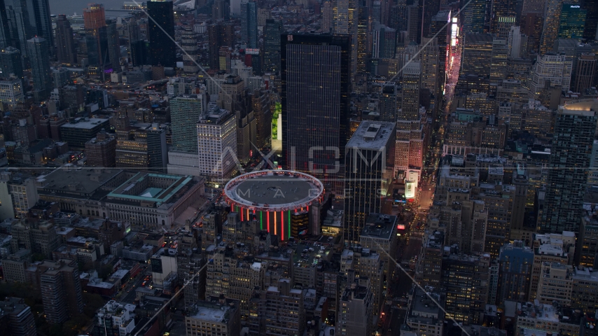 Madison Square Garden at sunset in Midtown Manhattan, New York City Aerial Stock Photos AX121_084.0000063F
