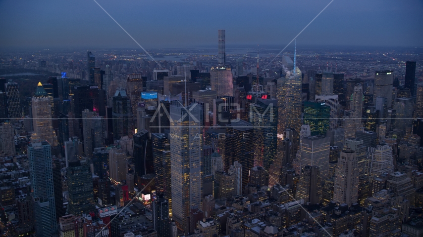A group of Midtown skyscrapers at sunset in New York City Aerial Stock Photos AX121_087.0000092F