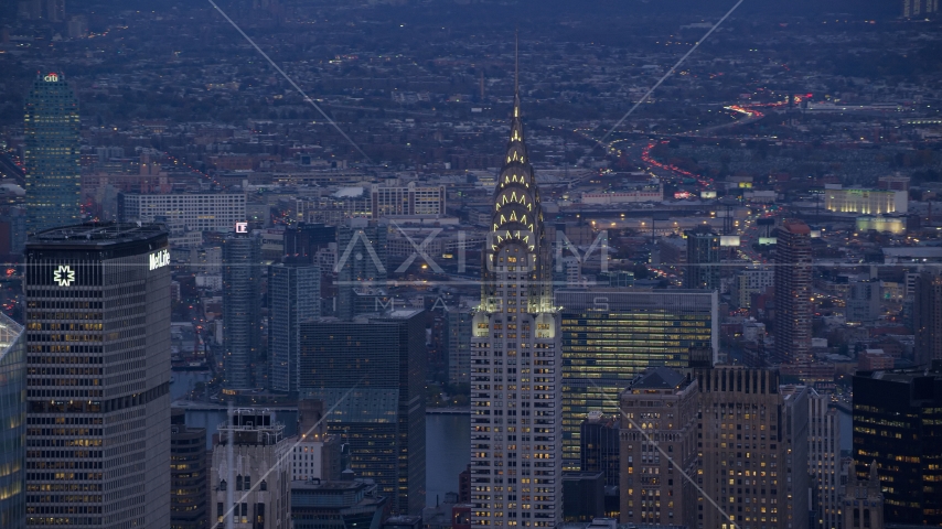 Top of Chrysler Building at sunset in Midtown, New York City Aerial Stock Photos AX121_089.0000062F