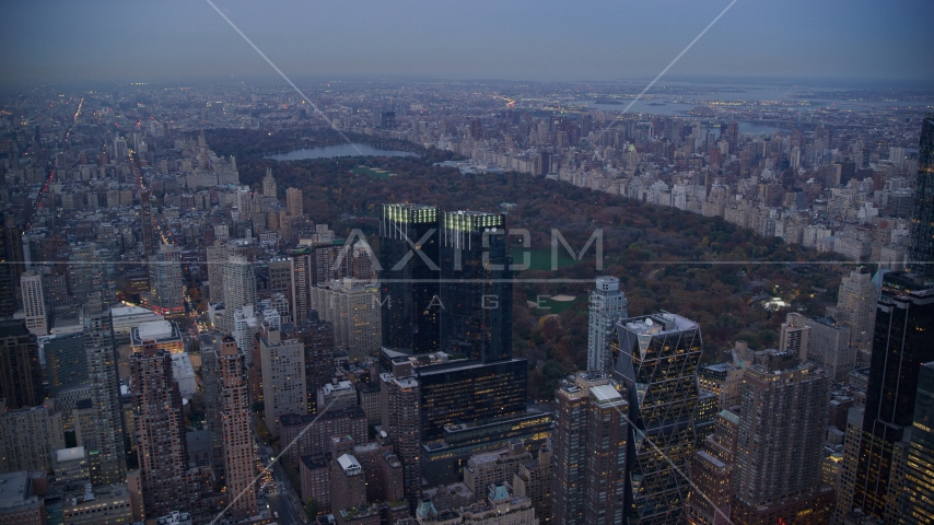 Time Warner Center and Central Park at sunset in New York City Aerial Stock Photos AX121_091.0000084F
