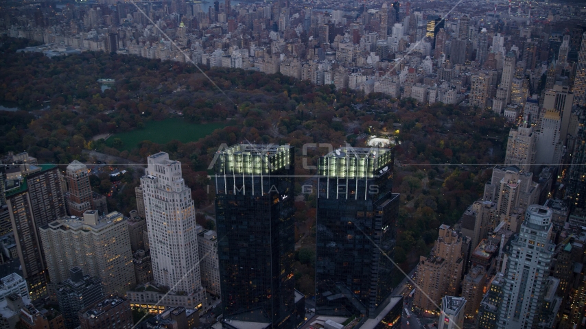 The Time Warner Center and famous Central Park at sunset in New York City Aerial Stock Photos AX121_092.0000125F