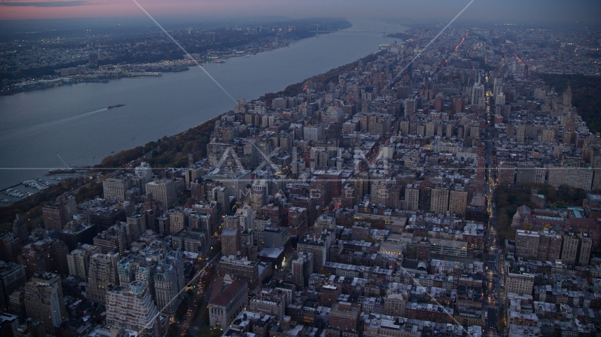 Apartment buildings on the Upper West Side at sunset in New York City Aerial Stock Photos AX121_093.0000107F