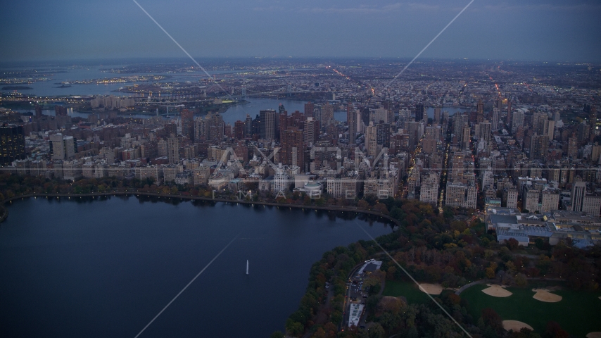 Upper East Side apartment buildings near Central Park at sunset, New York City Aerial Stock Photos AX121_096.0000100F