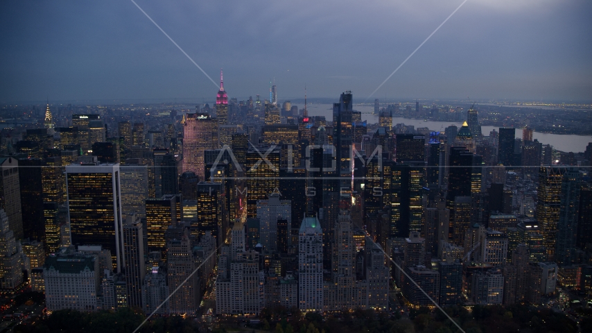 Tall Midtown Manhattan skyscrapers at sunset in New York City Aerial Stock Photos AX121_101.0000104F
