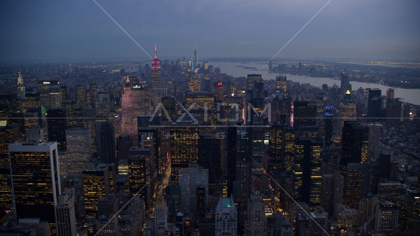 Tall Midtown Manhattan skyscrapers at sunset in New York City Aerial Stock Photos AX121_101.0000263F