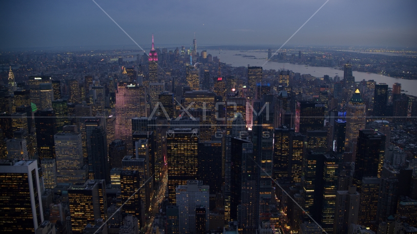 Midtown skyscrapers near Times Square at sunset in New York City Aerial Stock Photos AX121_102.0000049F