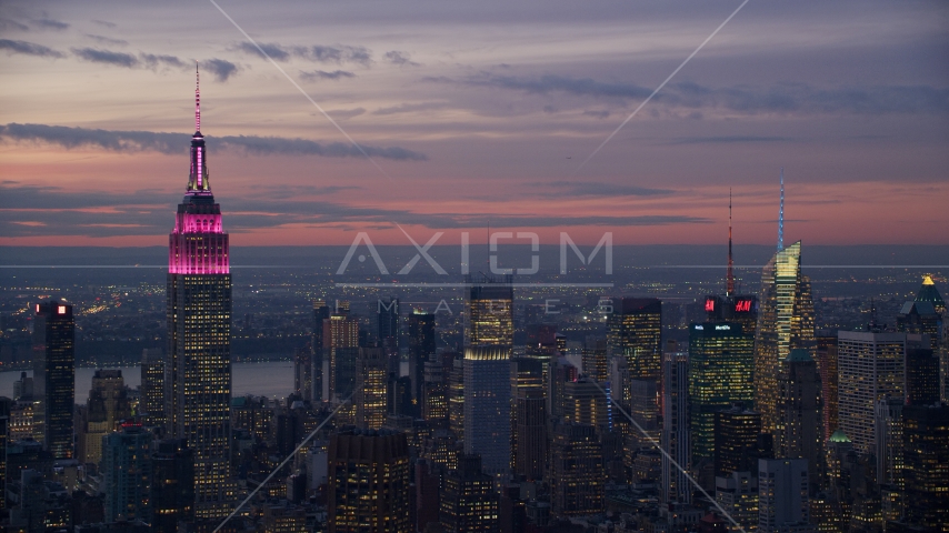 The Empire State Building and Midtown high-rises at sunset, New York City Aerial Stock Photos AX121_114.0000092F
