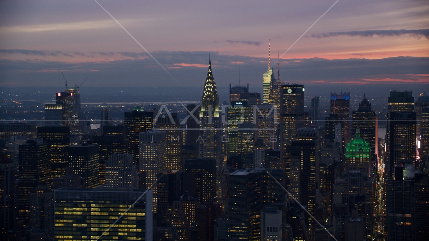 The Chrysler Building and Midtown high-rises at sunset in New York City Aerial Stock Photos AX121_117.0000133F