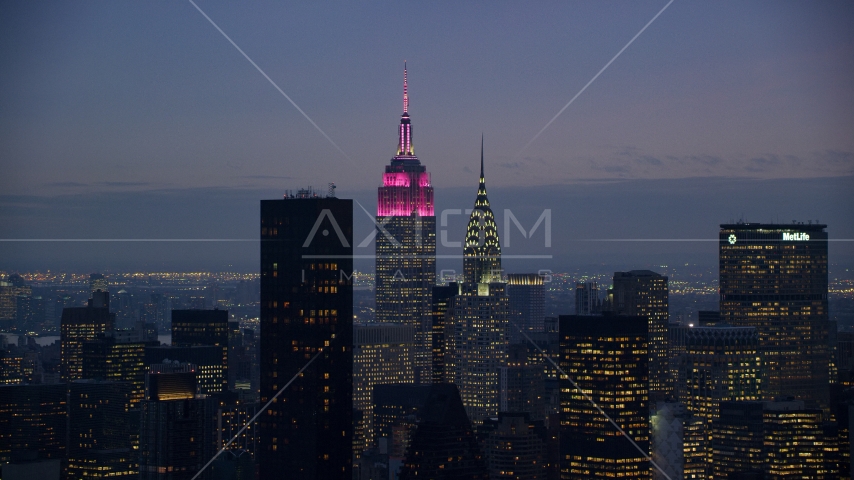 The Empire State and Chrysler Buildings at sunset in Midtown, New York City Aerial Stock Photos AX121_119.0000221F