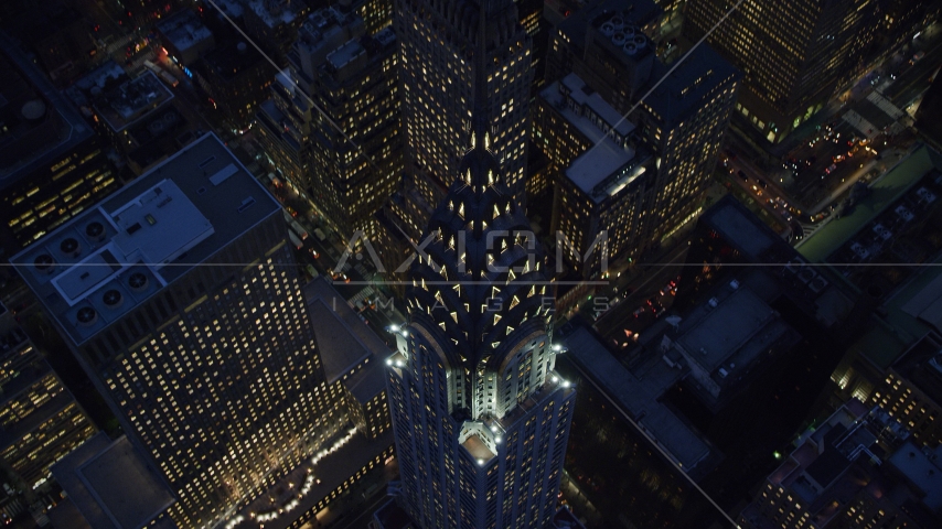A bird's eye view of Chrysler Building at sunset in Midtown Manhattan, New York City Aerial Stock Photos AX121_126.0000182F | Axiom Images