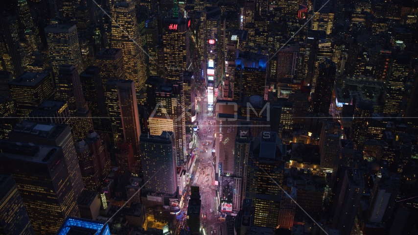 Times Square at night in Midtown Manhattan, New York City Aerial Stock Photos AX121_134.0000303F