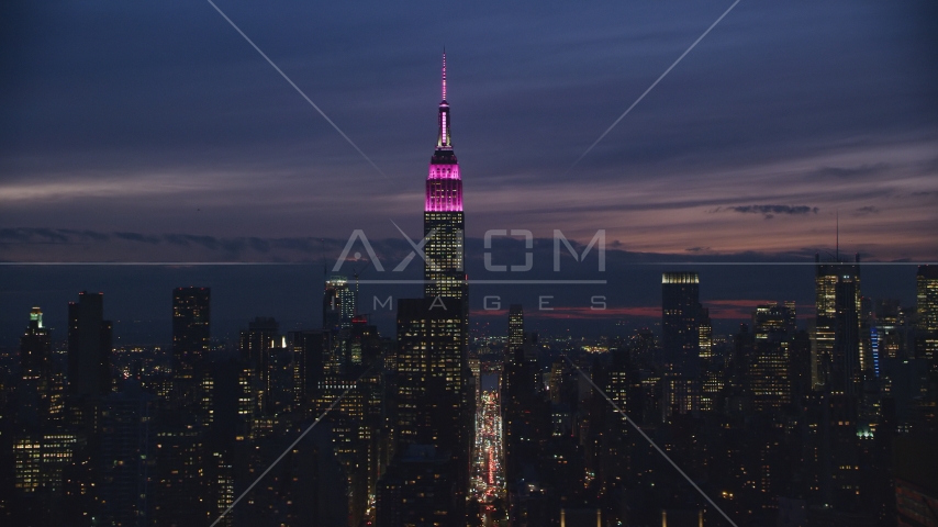 Empire State Building at night in Midtown Manhattan, NYC Aerial Stock Photos AX121_152.0000242F