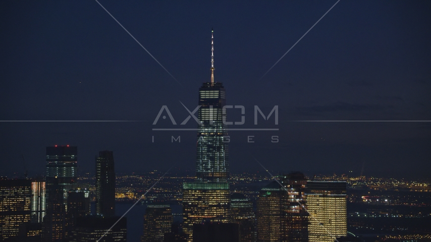 Top of Freedom Tower at night in Lower Manhattan, New York City Aerial Stock Photo AX121_156.0000070F | Axiom Images