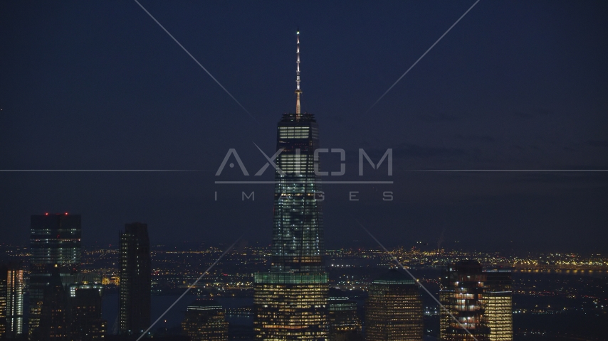 Top of One World Trade Center at night in Lower Manhattan, New York City Aerial Stock Photos AX121_157.0000058F
