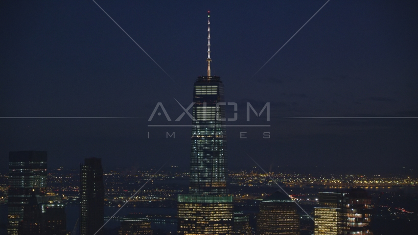 One World Trade Center at night in Lower Manhattan, New York City Aerial Stock Photos AX121_157.0000210F