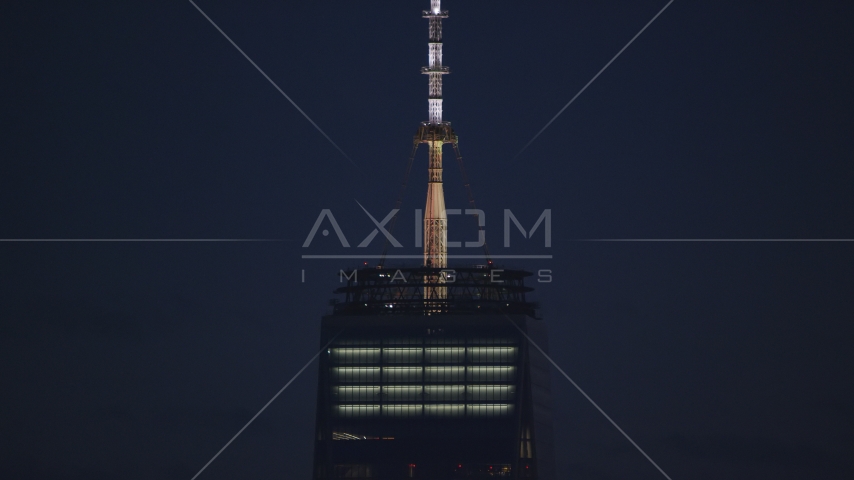 Base of the Freedom Tower spire at night in Lower Manhattan, New York City Aerial Stock Photo AX121_158.0000254F | Axiom Images