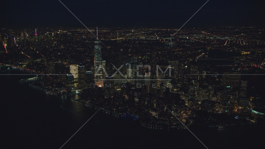 Freedom Tower and Lower Manhattan at night, New York City Aerial Stock Photos AX121_173.0000009F | Axiom Images