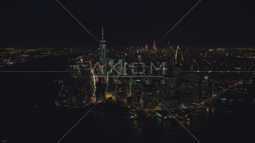 Lower Manhattan skyscrapers at night in New York City Aerial Stock Photos AX121_193.0000103F