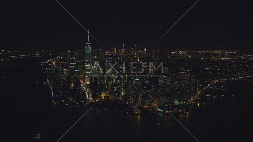 Lower Manhattan skyscrapers at night in New York City Aerial Stock Photos AX121_193.0000245F | Axiom Images