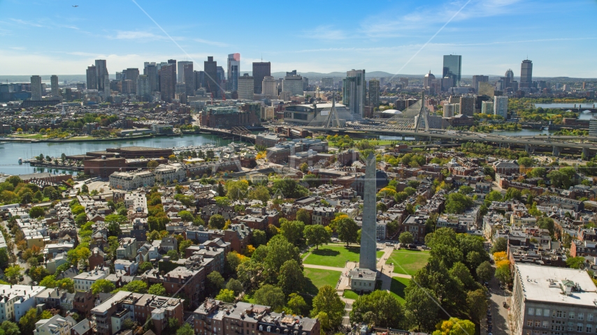 Bunker Hill Monument and the Downtown Boston skyline, Charlestown, Massachusetts Aerial Stock Photo AX142_195.0000181 | Axiom Images