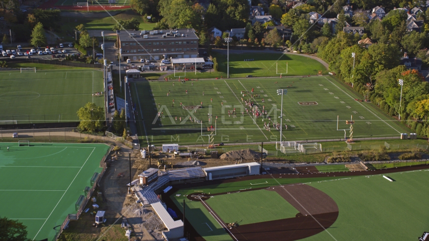 Football practice on a field at Brown University, Providence, Rhode Island Aerial Stock Photo AX145_064.0000179 | Axiom Images