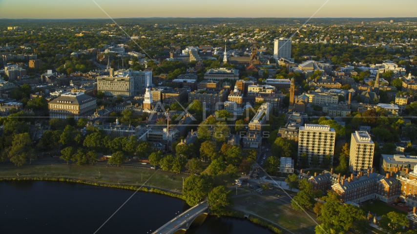 The Harvard University campus in Cambridge, Massachusetts, sunset Aerial Stock Photo AX146_028.0000327F | Axiom Images
