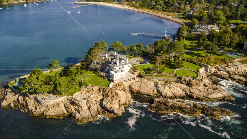 An oceanfront mansion by Lobster Cove, Manchester-by-the-Sea, Massachusetts Aerial Stock Photo AX147_062.0000375 | Axiom Images