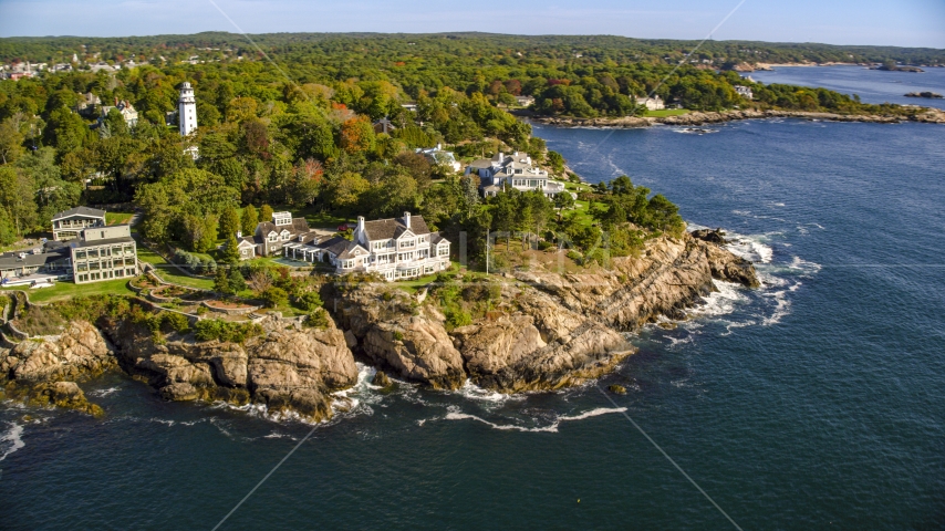 Oceanfront mansions and trees with fall foliage, Manchester-by-the-Sea, Massachusetts Aerial Stock Photo AX147_063.0000000 | Axiom Images