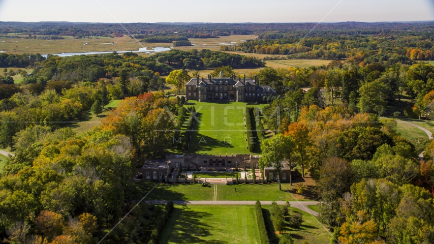The Great House at Crane Estate on Castle Hill in autumn, Ipswich, Massachusetts Aerial Stock Photo AX147_140.0000048 | Axiom Images