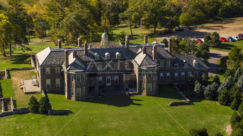 Close-up view of The Great House at Crane Estate in autumn, Ipswich, Massachusetts Aerial Stock Photo AX147_143.0000265 | Axiom Images