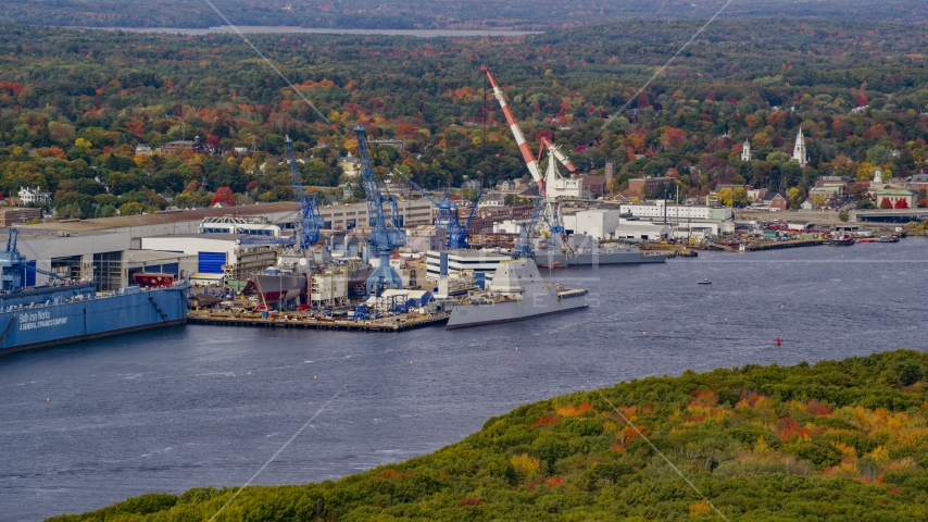 The General Dynamics Bath Iron Works in autumn, Bath, Maine Aerial Stock Photo AX147_410.0000368 | Axiom Images