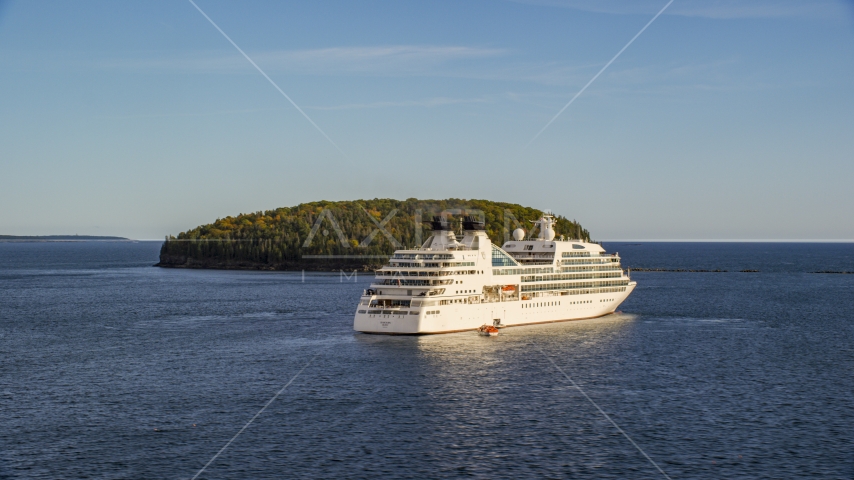 A cruise ship sailing past a tiny island, Bar Harbor, Maine Aerial Stock Photo AX148_200.0000250 | Axiom Images