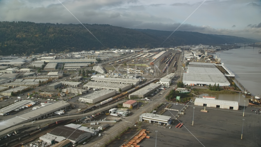 Riverfront warehouses in autumn, Northwest Portland, Oregon Aerial Stock Photos AX153_059.0000361F
